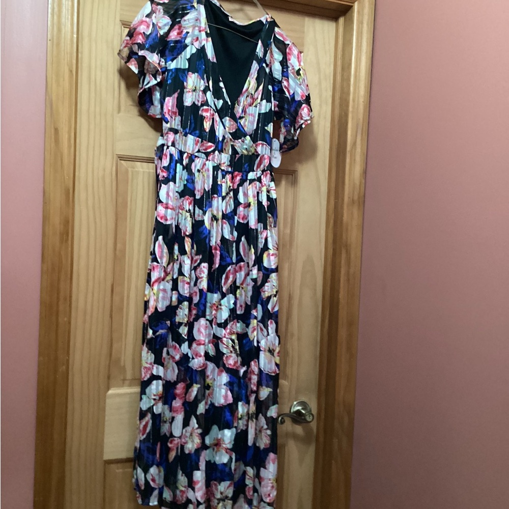 New! Blue and Pink Floral Flutter Sleeve Wrap Maxi Dress